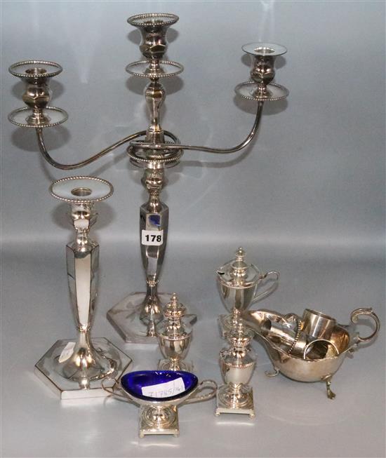 Pair plated candlesticks, pair plated candelabra, 6 condiments, 9 other items